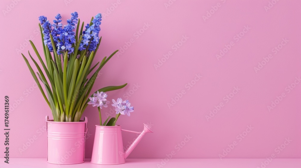 custom made wallpaper toronto digitalColorful potted flowers in pink watering can on vibrant pink background for spring and gardening themes