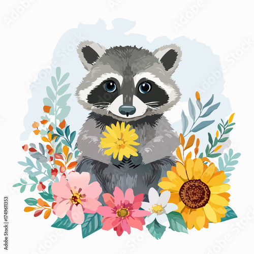 Waschbärjunges auf der Blumenwiese