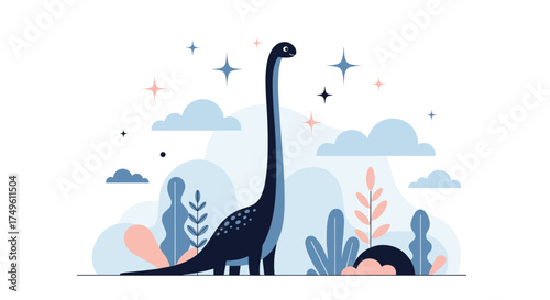 A pixel art illustration of a long-necked dinosaur standing tall amongst stylized plants and clouds.
