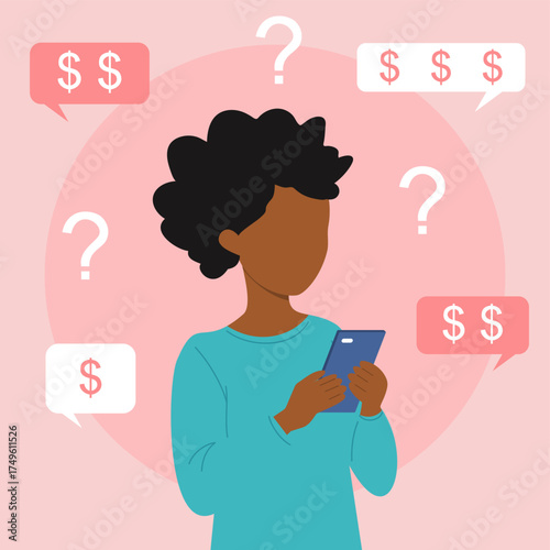 Black Woman checking phone app with money alerts for price comparison while online shopping, spending or budgeting on pink background. African American person with financial stress from debt or loan