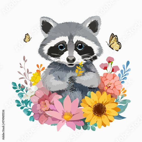 Waschbärjunges auf der Blumenwiese