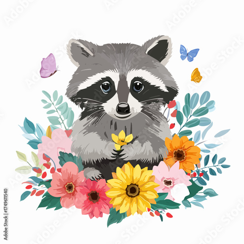 Waschbärjunges auf der Blumenwiese
