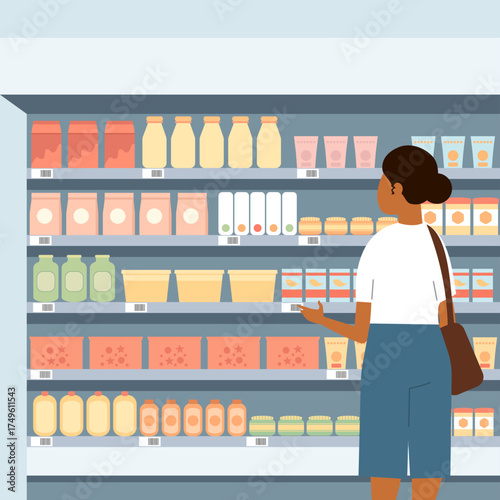 Black woman comparing prices on supermarket shelf as a mindful shopper checking product labels. Affordable grocery shopping, consumer behavior and retail spending habits, with cost comparison in store