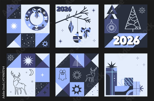 Merry Christmas and Happy New Year square templates for greeting cards, covers, and posters in a modern, simple geometric style. Minimalistic holiday grid backgrounds with abstract icons. Vector set