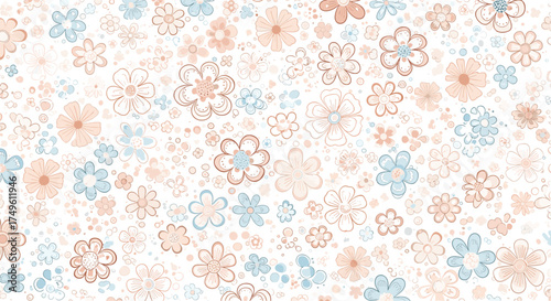 A delicate floral pattern with small scattered blossoms in muted peach and soft blue.