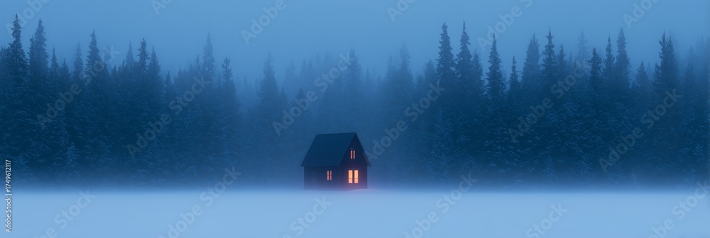Fototapeta premium Cozy Cabin in Snowy Winter Forest at Night
