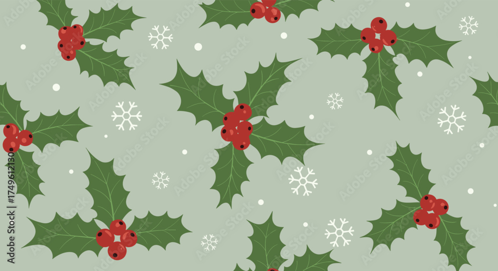 Fototapeta premium A festive background pattern with green holly leaves and red berries scattered amidst gentle snowflakes.