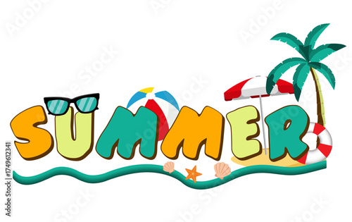 Fun, colorful 3D text SUMMER design with sunglasses, beach ball, umbrella, palm tree, and sand. Perfect for holiday, travel, or seasonal graphics.
