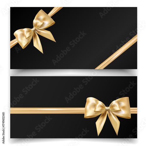 Luxury Black Gift Card Design Templates. Elegant banners with shiny gold satin ribbons and realistic bows for gift cards,branding, packaging, discount vouchers, digital ads, holiday promotions. Vector