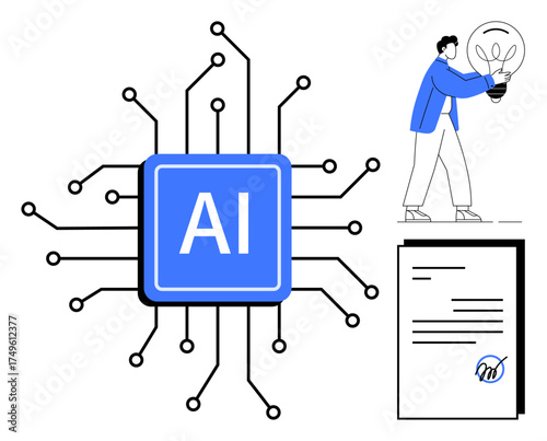AI chip surrounded by circuit lines, person holding a light bulb symbolizing innovation, and a signed document. Ideal for technology, innovation, AI, teamwork, creativity, solutions contracts
