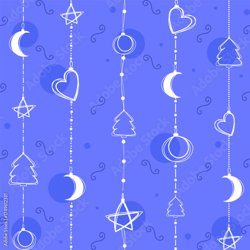 Seamless Christmas pattern with fir-tree decorations: stars, trees, moons, hearts, and circles in a minimalist line art style for wrapping paper, textile design, packaging,backgrounds,print. Vector