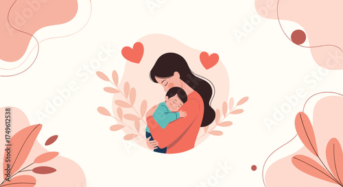 Mother lovingly holding her precious baby child in an embrace of tender care and warmth.