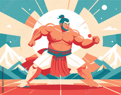 Minimalist Vector Illustration of Traditional Sumo Wrestler in Dynamic Pose and Japanese Landscape.