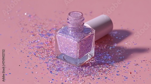 A sparkling lavender glitter nail polish bottle rests on a pink surface, surrounded by scattered iridescent glitter, creating a glamorous and festive aesthetic for beauty and cosmetic themes