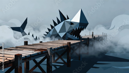 Illustration Of A Horror Sea Monster Appearing On A Foggy Old Pier Vector Design Template