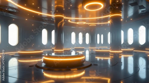 Futuristic Space Station Interior with Glowing Lights and Advanced Technology.
