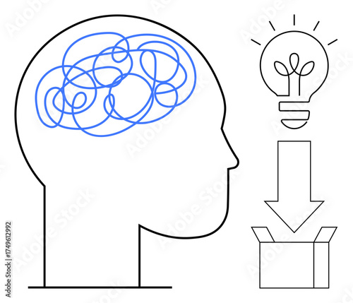 Head with tangled lines representing thoughts, lightbulb for idea, arrow pointing to box for implementation. Ideal for innovation, mental clarity, creativity, problem-solving, focus, brainstorming