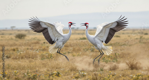  A pair of Wattled Cranes dance together on an open grassy plain dotted with wildflowers