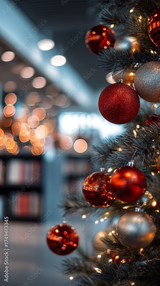 Fototapeta premium Christmas Tree with Red Ornaments on blurred modern library background 
