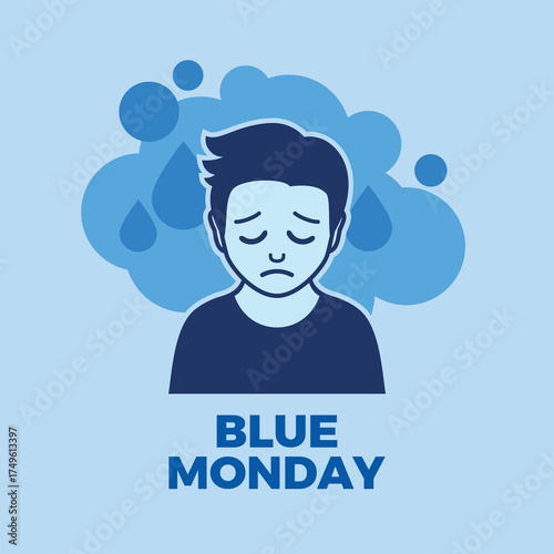 Blue Monday poster with sad person vector illustration. Unhappy male person with a sad expression icon. Template for background, banner, card. The most depressing day of the year. Important day
