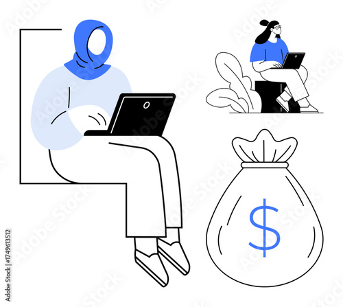 Women using laptops while sitting on a bench and ledge, and a large money bag with a dollar sign. Ideal for business, remote work, freelance, financial growth, online earnings, digital skills, simple
