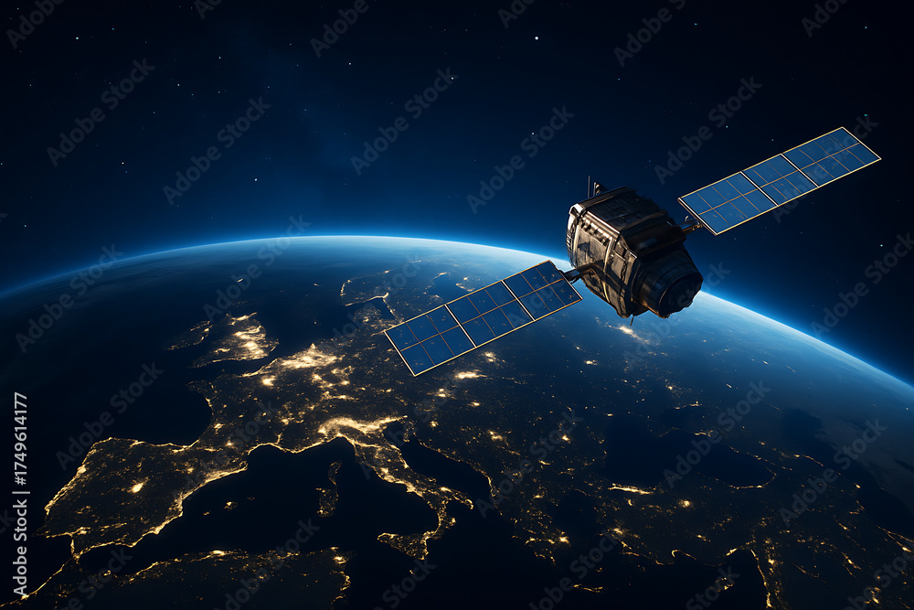 Naklejka premium A sophisticated communication satellite orbits the earth, with its solar panels reflecting starlight as it passes over the glowing city lights of europe at night