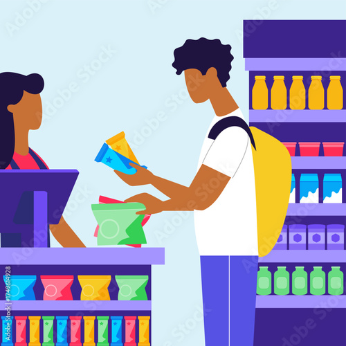 Impulse buying and spending behavior with young student man purchasing sweets, candy and snacks at convenience store checkout. Cashier assisting customer at retail point of sale at local corner shop