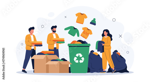 Team sorting clothes for recycling and donation drive in a community initiative for sustainable living, fostering hope and positive change for a better world
