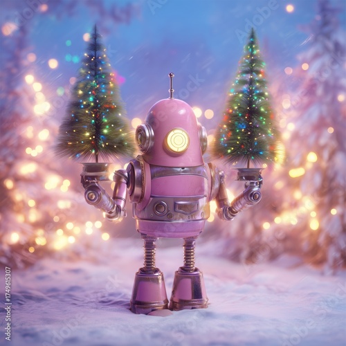Cute Retro Robot Holding Mini Christmas Trees in Winter Wonderland