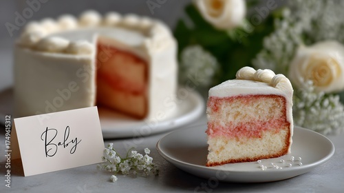 Gender Reveal Cake with pink filling, slice on plate, Baby card, celebration dessert