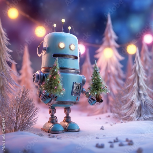 Cute Retro Robot Holding Mini Christmas Trees in Winter Wonderland