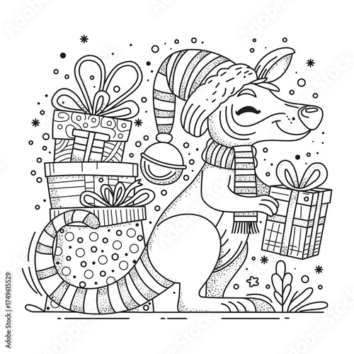 A cute kangaroo wearing a Santa hat stands and holds a gift box in its paws. This black and white illustration is perfect for coloring, themed around Christmas and New Year.