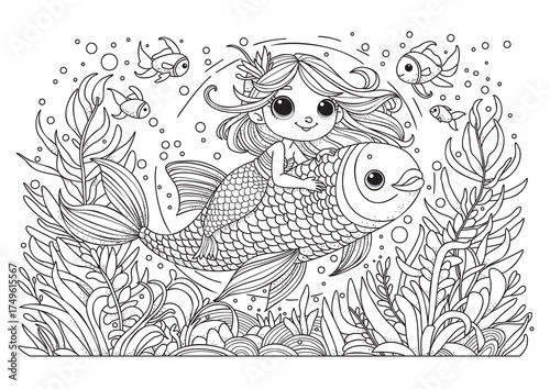 A cute little mermaid swims underwater on top of a big fish. Coloring page for kids and adults.