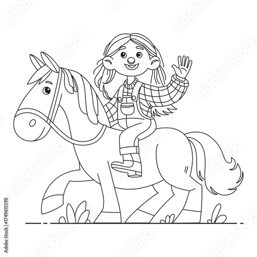 A cheerful girl sits astride a horse and waves. This coloring page is for children and adults.