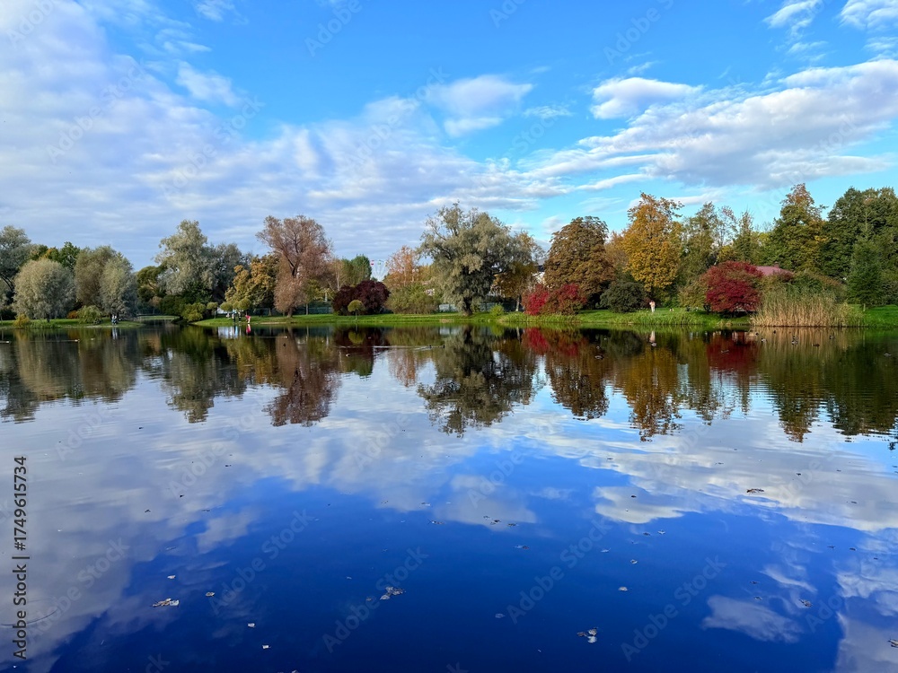 Obraz premium autumn trees reflection on the blue lake surface, autumn lake in the park