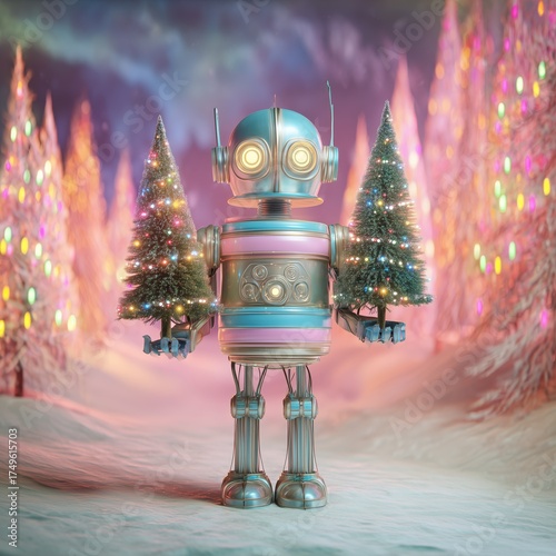 Cute Retro Robot Holding Mini Christmas Trees in Winter Wonderland