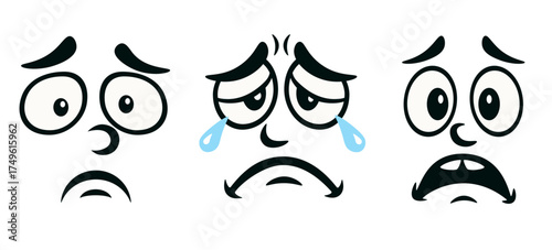 Set of cartoon facial expressions - sad emotional faces, vector illustrations