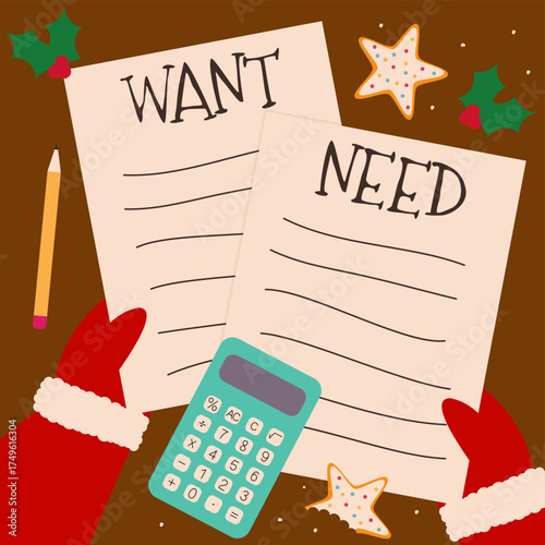 Mindful Santa Claus writing Christmas wishlist and gift planning document, comparing wants and needs, money, savings, budget, spending, and frugal shopping habits for festive financial freedom concept