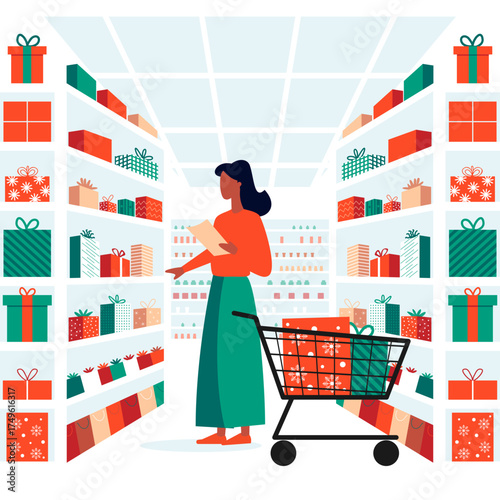 Black woman with a paper list and basket or cart in a supermarket aisle, choosing Christmas gifts and festive products. African American customer comparing prices for mindful holiday shopping