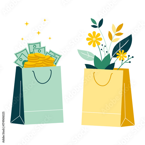 Mindful spending and sustainable shopping concept with coins and plants in bags for eco friendly living, green finance, and conscious consumer choice. Cash investment in nature in a circular economy