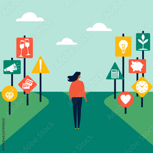 Woman at a crossroad between eco friendly living and consumerism for mindful spending and conscious consumption choices. Customer choosing a sustainable lifestyle and responsible or smart shopping