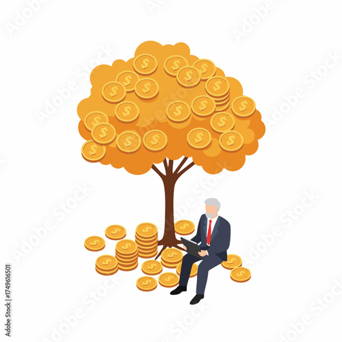 Isometric Businessman Sitting Underneath Money Tree Concept of Financial Growth