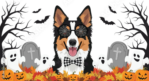 Adorable dog celebrates spooky Halloween with glasses, ghosts, pumpkins, and leaves in a festive scene, perfect for fun holiday promotions