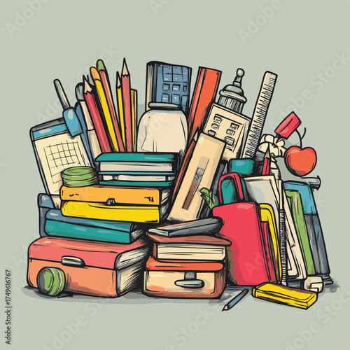freehand school items in a pile , vector style simple color