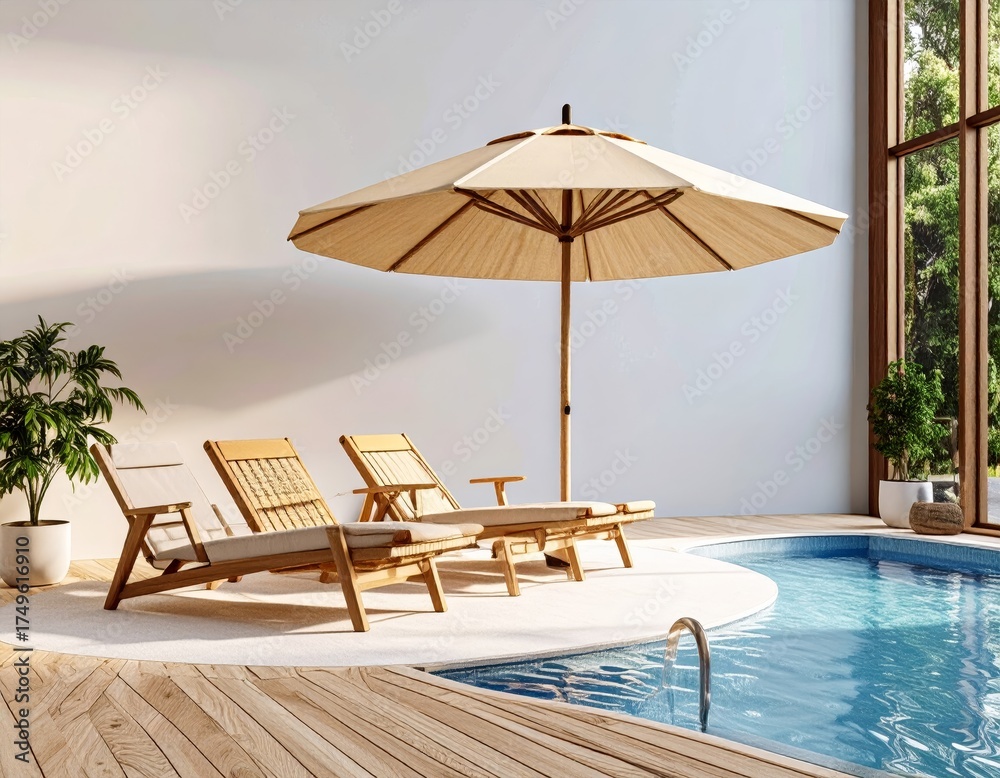 Fototapeta premium swimming pool with beach umbrella and chairs. Summer vacation concept. 3d rendering
