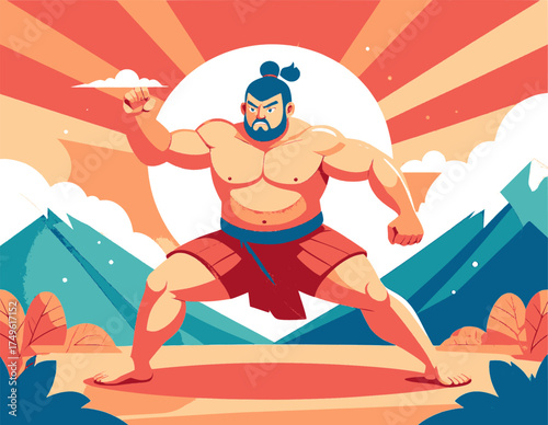 Clean Japanese Style Sumo Figure in Action Pose Against Scenic Mountain Background.