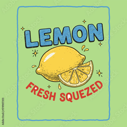 Lemon fruit artwork. Nature fruit club print design. Organic food artwork for for t-shirt. Summer food poster design. Fresh lemon fruit print. Fruit vintage t-shirt design.