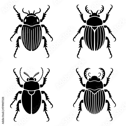 Vector art of collection of four stylized beetle silhouettes