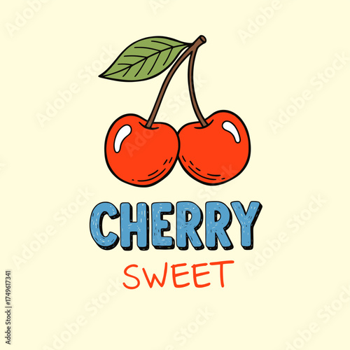 Cherry fruit print. Nature fruit club print design. Sweet cherry artwork. Cherry love. Organic food artwork for for t-shirt. Summer tropical vibes art.