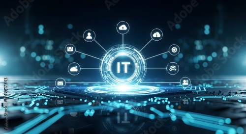 Futuristic glowing digital it network hub with interconnected abstract icons representing technology and data flow